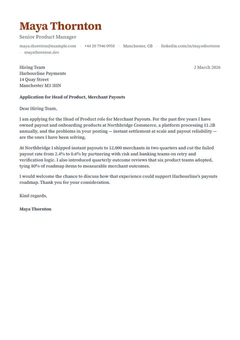 Preview of the Amber cover letter template with sample content