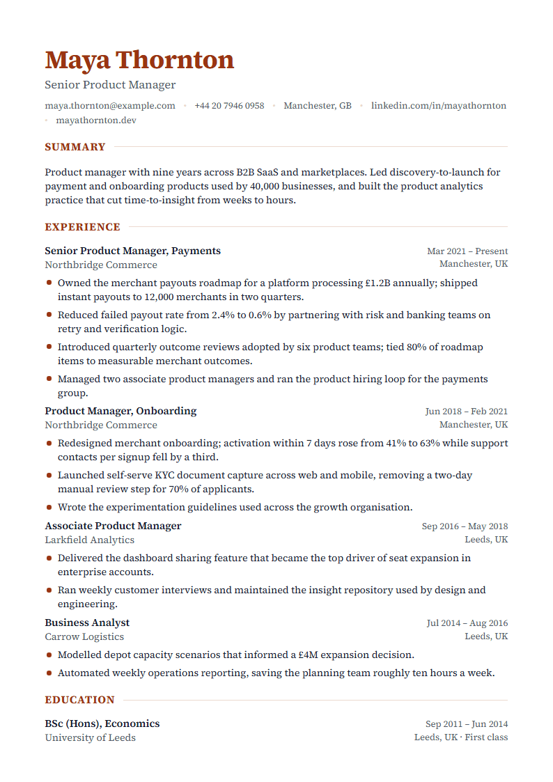 Preview of the Amber template with sample content
