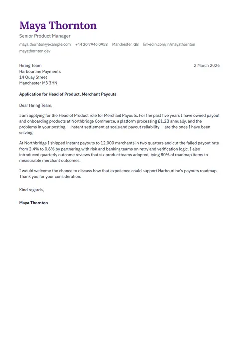 Preview of the Amethyst cover letter template with sample content
