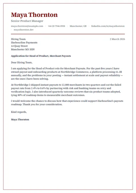 Preview of the Bloodstone cover letter template with sample content