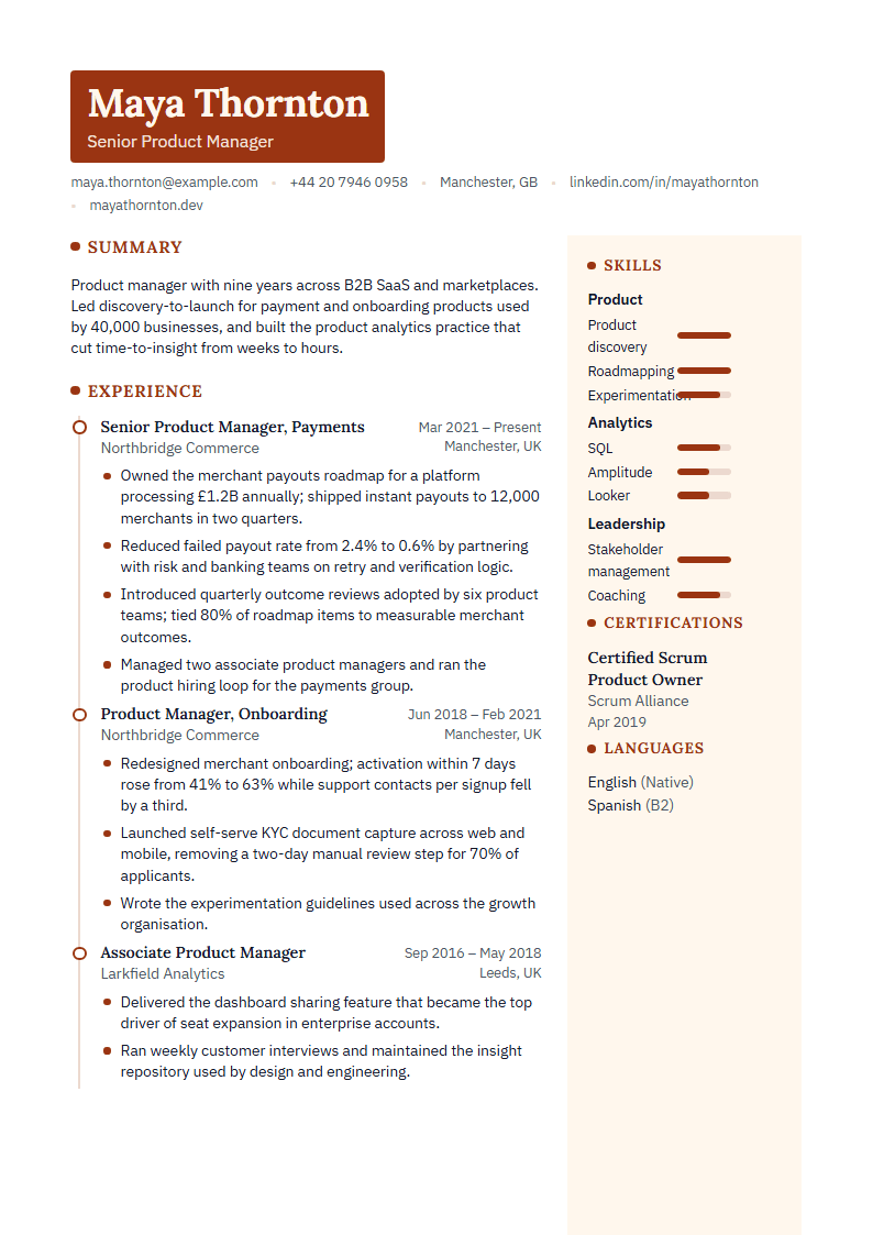 Preview of the Bronze template with sample content