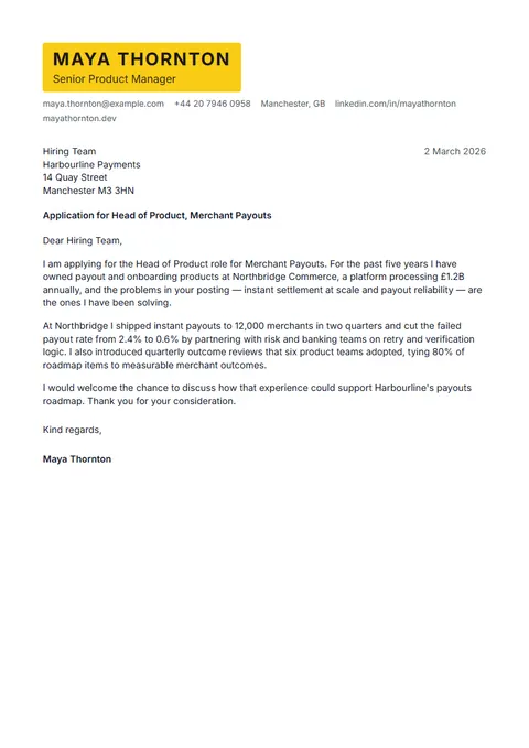 Preview of the Citrine cover letter template with sample content