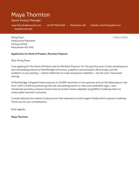 Preview of the Coral cover letter template with sample content