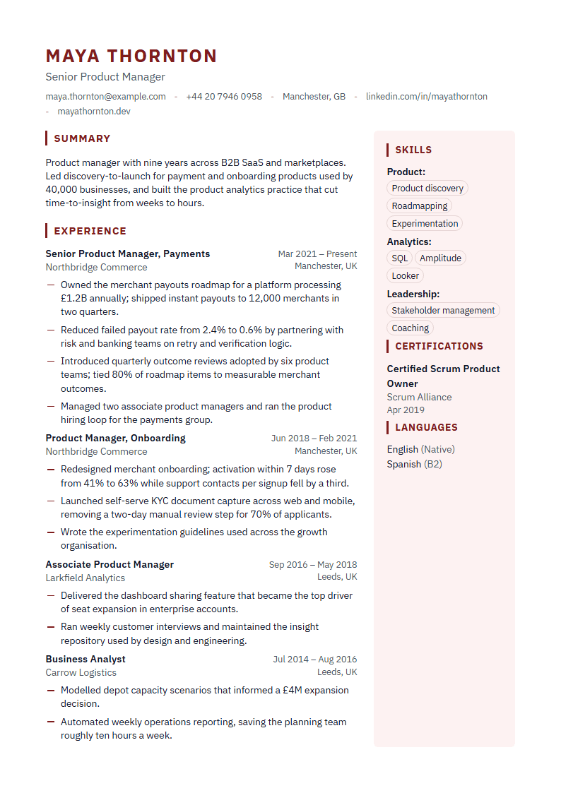 Preview of the Ember template with sample content