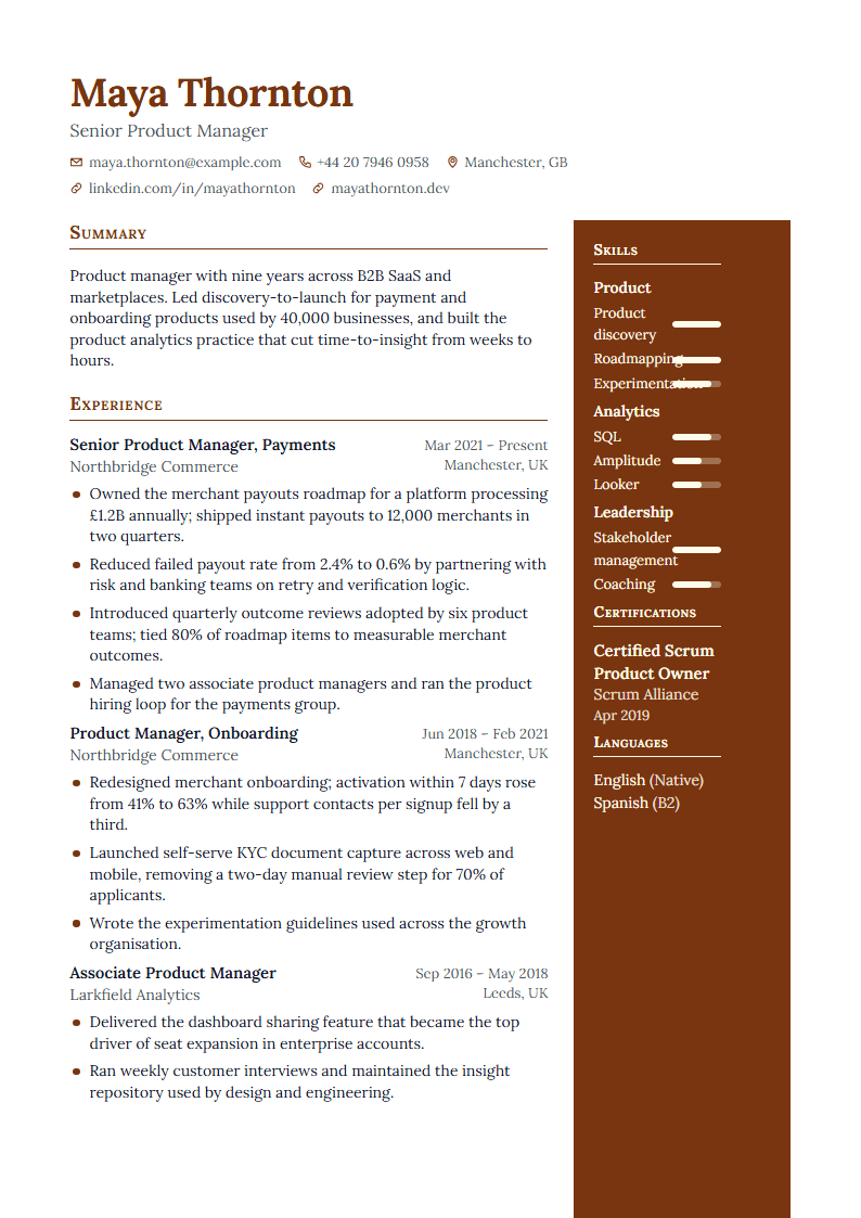 Preview of the Gold template with sample content