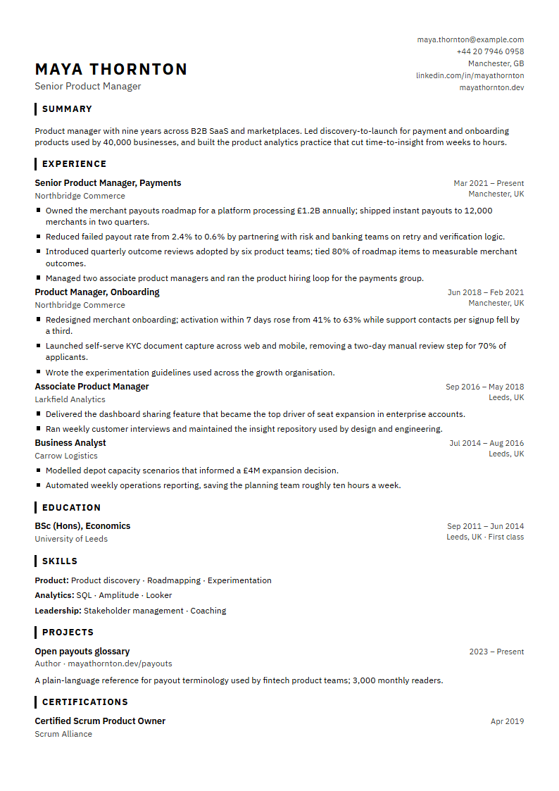 Preview of the Granite template with sample content