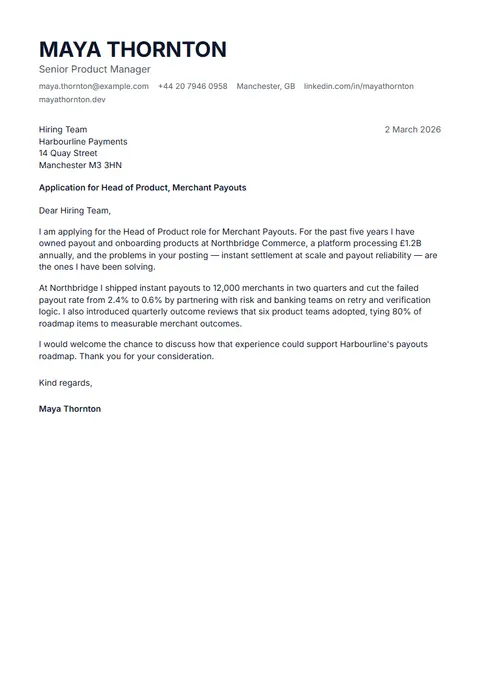 Preview of the Hematite cover letter template with sample content