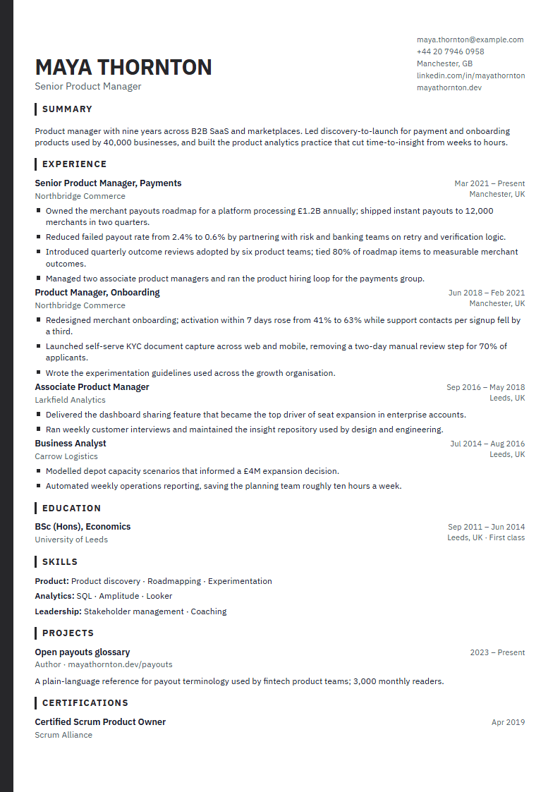 Preview of the Iron template with sample content