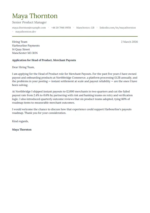 Preview of the Ivory cover letter template with sample content