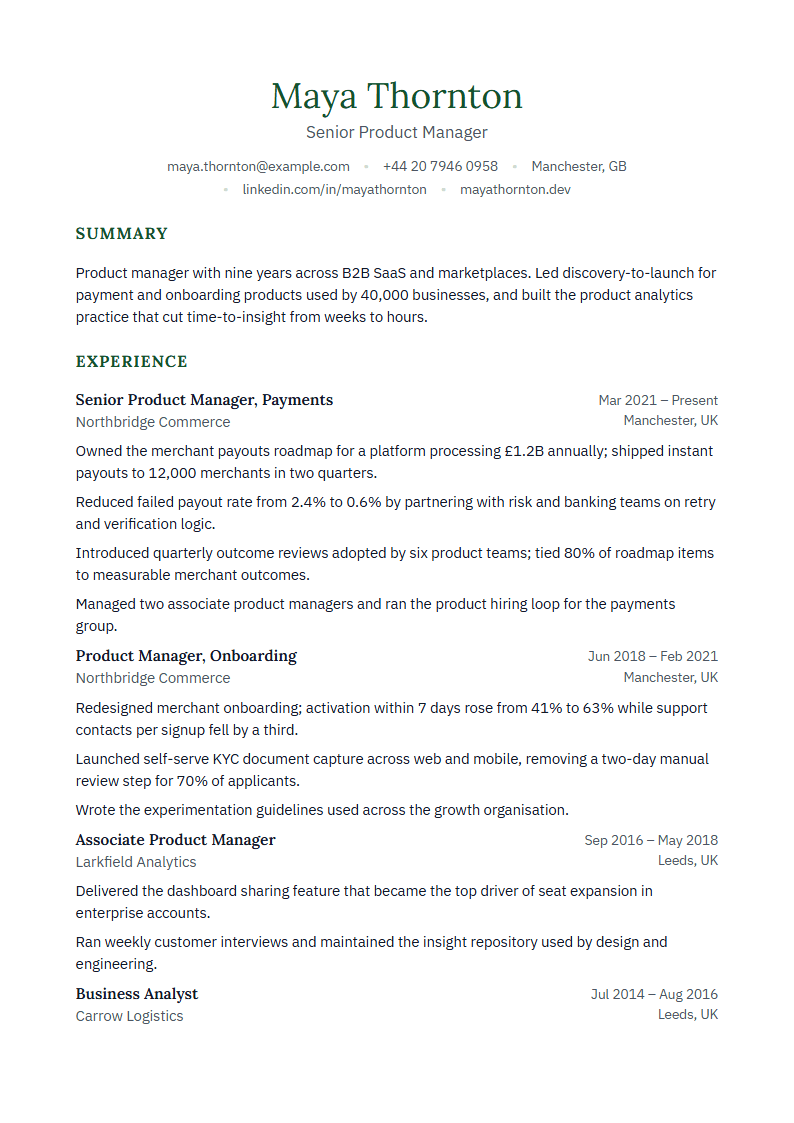 Preview of the Moss template with sample content