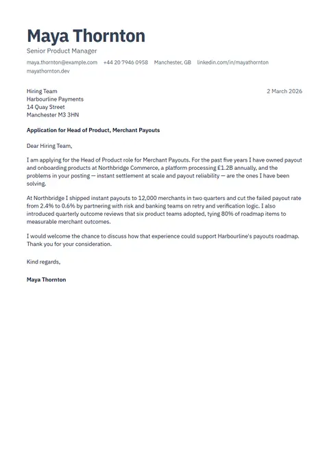 Preview of the Nickel cover letter template with sample content