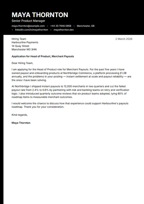 Preview of the Obsidian cover letter template with sample content