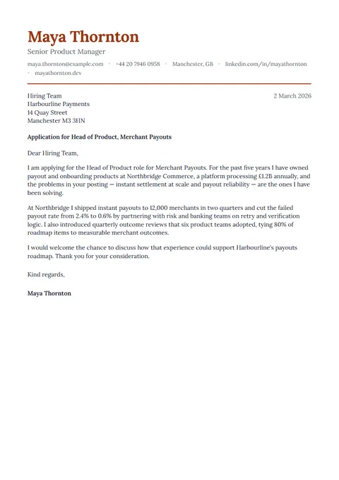Preview of the Ochre cover letter template with sample content