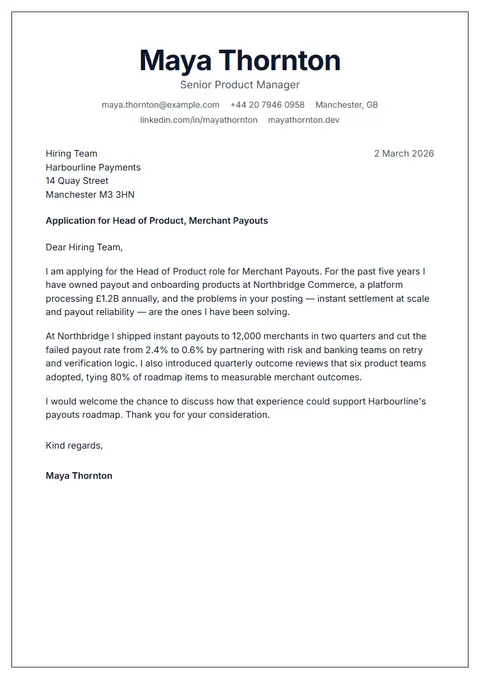 Preview of the Platinum cover letter template with sample content
