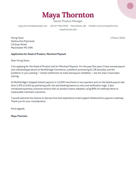 Preview of the Rhodonite cover letter template with sample content