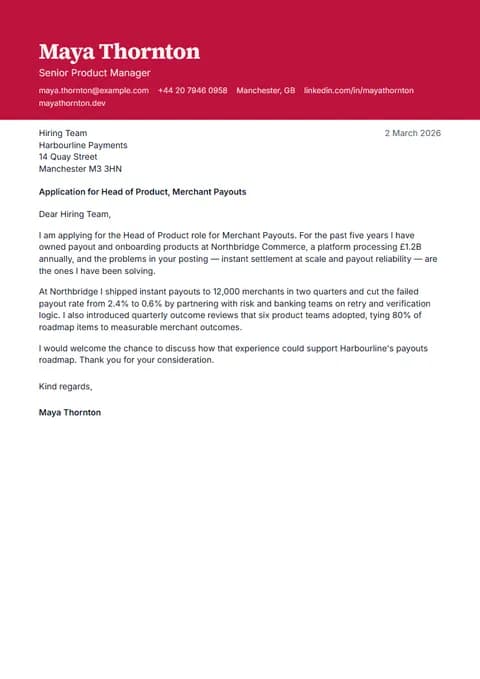 Preview of the Ruby cover letter template with sample content
