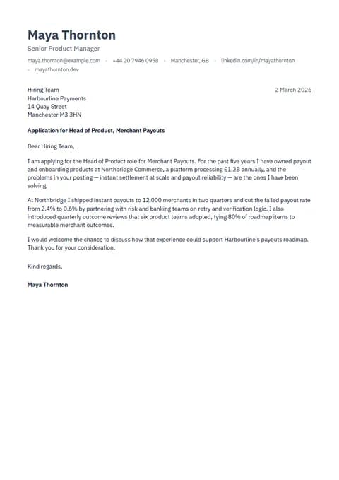 Preview of the Slate cover letter template with sample content