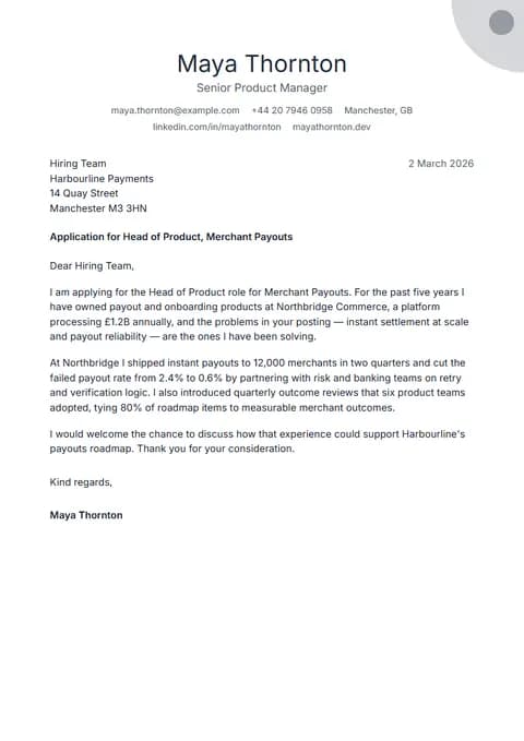 Preview of the Xenon cover letter template with sample content
