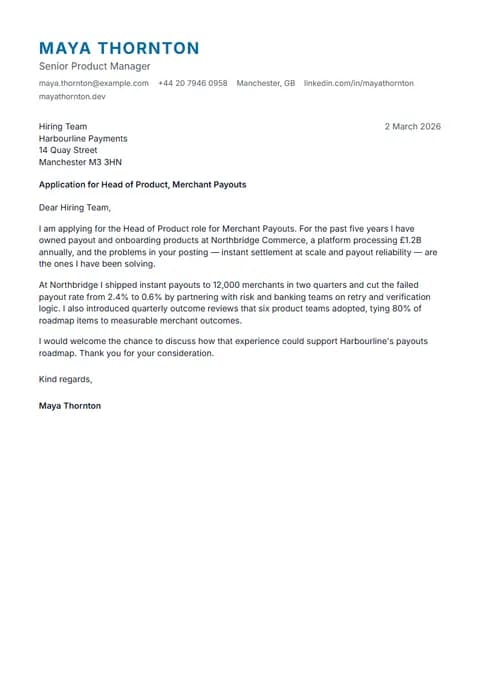 Preview of the Zinc cover letter template with sample content